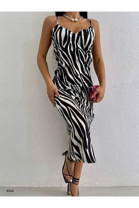 Kadın Zebra Desenli Saten Uzun Elbise Enie02722