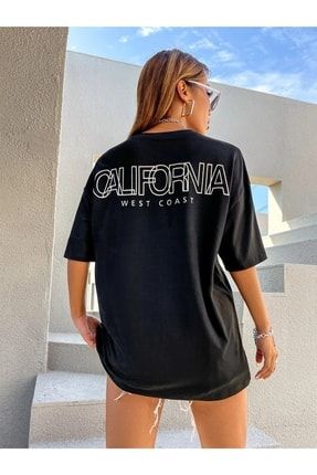 Kadın Siyah Sırt California Baskılı Oversize Bisiklet Yaka T-shirt Benisengiydirsırtcaliforniatişört