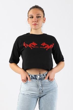 Kırmızı Ejderha Siyah Kemer Boy Kadın Oversize Tshirt BM8160044