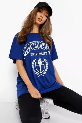Kadın Mavi Michigan University Baskılı Oversize Bisiklet Yaka T-shirt Benisengiydirkadınmichigantişört