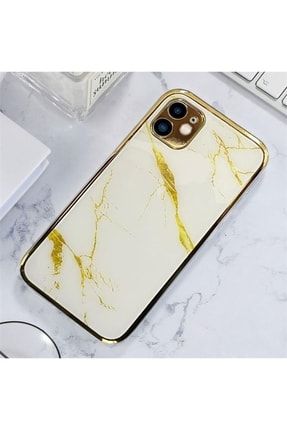 Iphone 11 Uyumlu Marble Parlak Mermer Desenli Cam Kare Telefon Kılıfı Beyaz marble11sim
