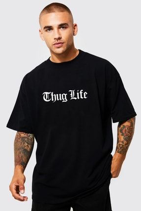 Thug Life Baskılı Overisez Unisex Siyah T-shirt THGOVER