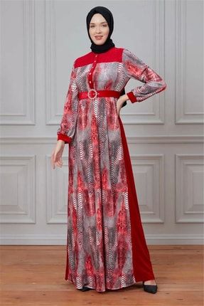 Leila Piton Desenli Kadife Elbise 699-kırmızı PLD699