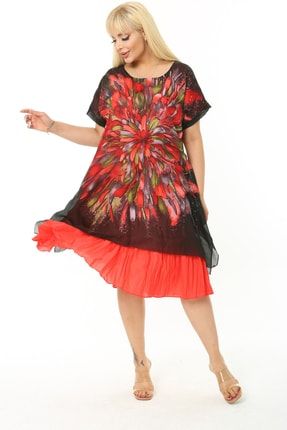 Kadın Siyah Kırmızı Kahverengi Yaprak Desenli Battal Büyük Beden Tülbent Elbise EYM0027