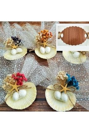Nikah Şekeri Doğal Deniz Kabuğu Kuruçiçek Süslemeli ( Etiket Ve Ahşap Tepsi Hediyeli ) 25 Adet DENİZKABUK0123