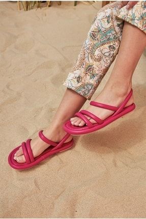 Kadın Puf Yumuşak Taban Sandalet Bantlı Şiritli Fuşya Amanal21