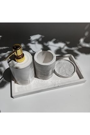 Mermer Görünümlü Banyo Set Dikdörtgen Tepsi & Sıvı Sabunluk & Katı Sabunluk & Diş Fırçalık TR142