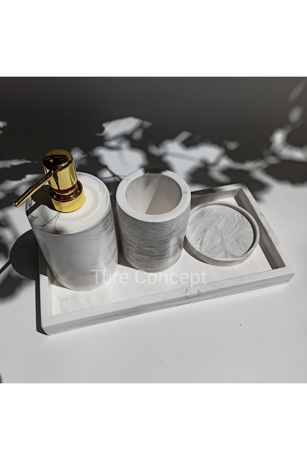 Ture Concept Mermer Görünümlü Banyo Set Dikdörtgen Tepsi & Sıvı Sabunluk & Katı Sabunluk & Diş Fırçalık