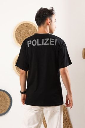 Unisex Siyah Polizei Baskılı T-shirt BDLK022