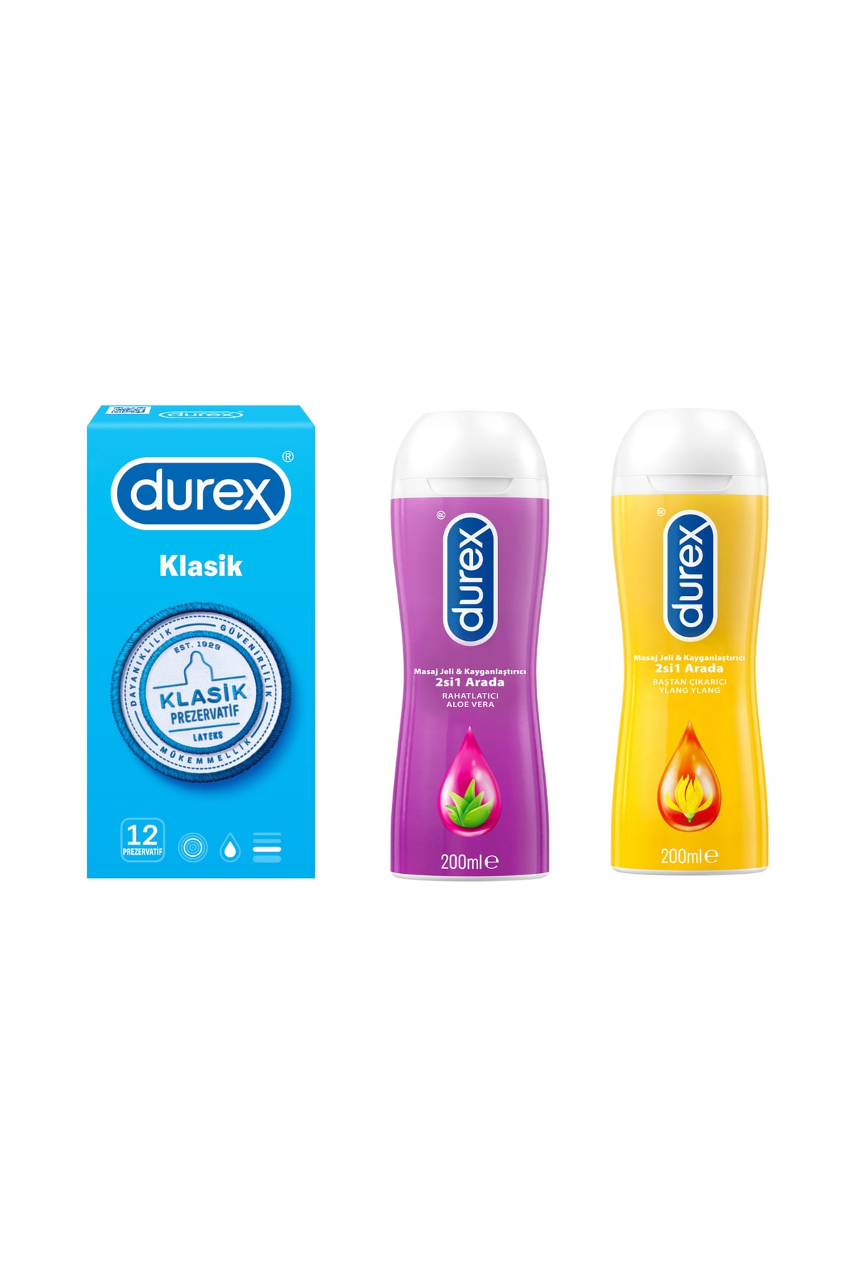 Klasik Prezervatif 12'li+ Kayganlaştırıcı & Masaj Jeli Hassas Ylang 200 Ml + Aloe Vera 200ml