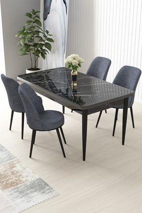 Nil Serisi Siyah Mermer Desenli Sabit Yemek Masası&mutfak Masası +4 Füme Sandalye CNS64SYHNİL