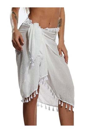 Beyaz Pareo Püsküllü Kadın Plaj Elbisesi giaco0061