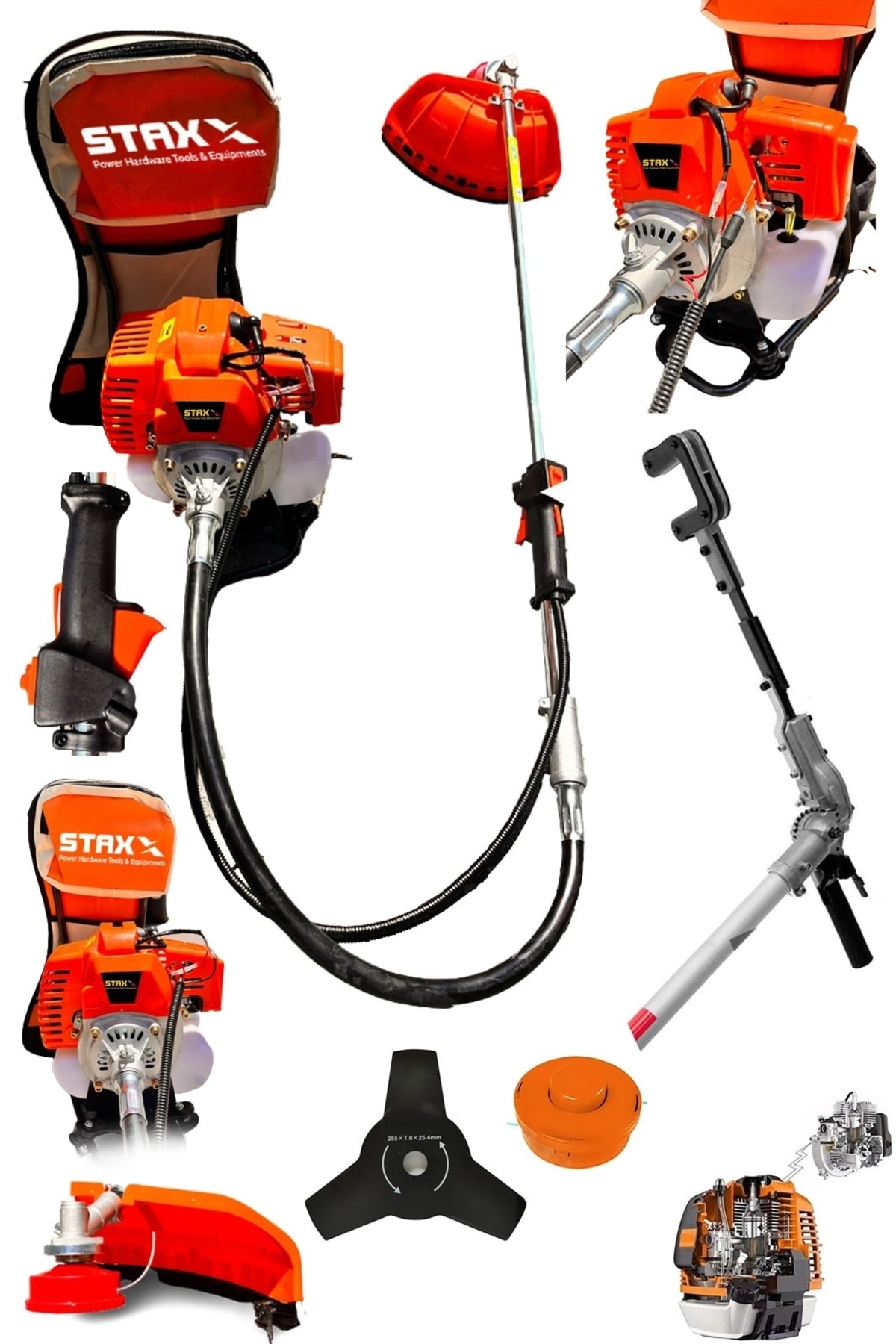 STAXX POWER Çelik Krank 3hp 52 cc Benzinli Sırt Tipi Tırpan Çayır Ot Biçme Makinesi + Zeytin Silkeleme Makinesi