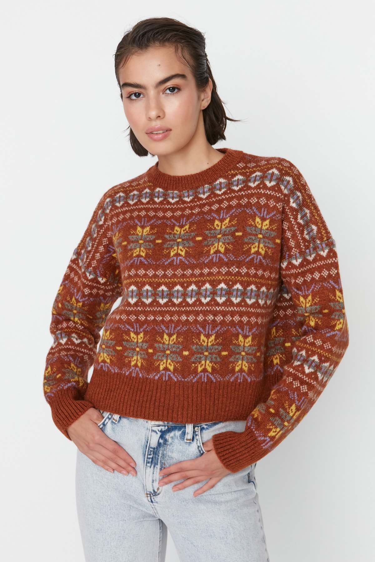 Trendyolmilla  Kahverengi Geniş Kalıp Yumuşak Dokulu Desenli Triko Kazak TWOAW23KZ00211 - Görsel 3