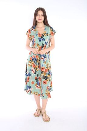 Kadın Tropikal Çiçek Desenli Volanlı V Yaka Kısa Kollu Uzun Çan Dökümlü Viskon Yazlık Elbise TRSE1011