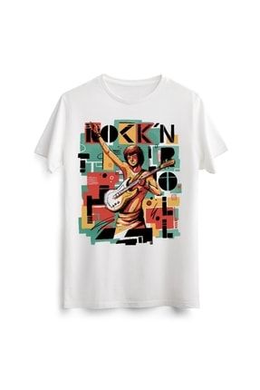 Unisex Erkek Kadın Rock N' Roll Music Baskılı Tasarım Beyaz Tişört Tshirt T-shirt LAC00776