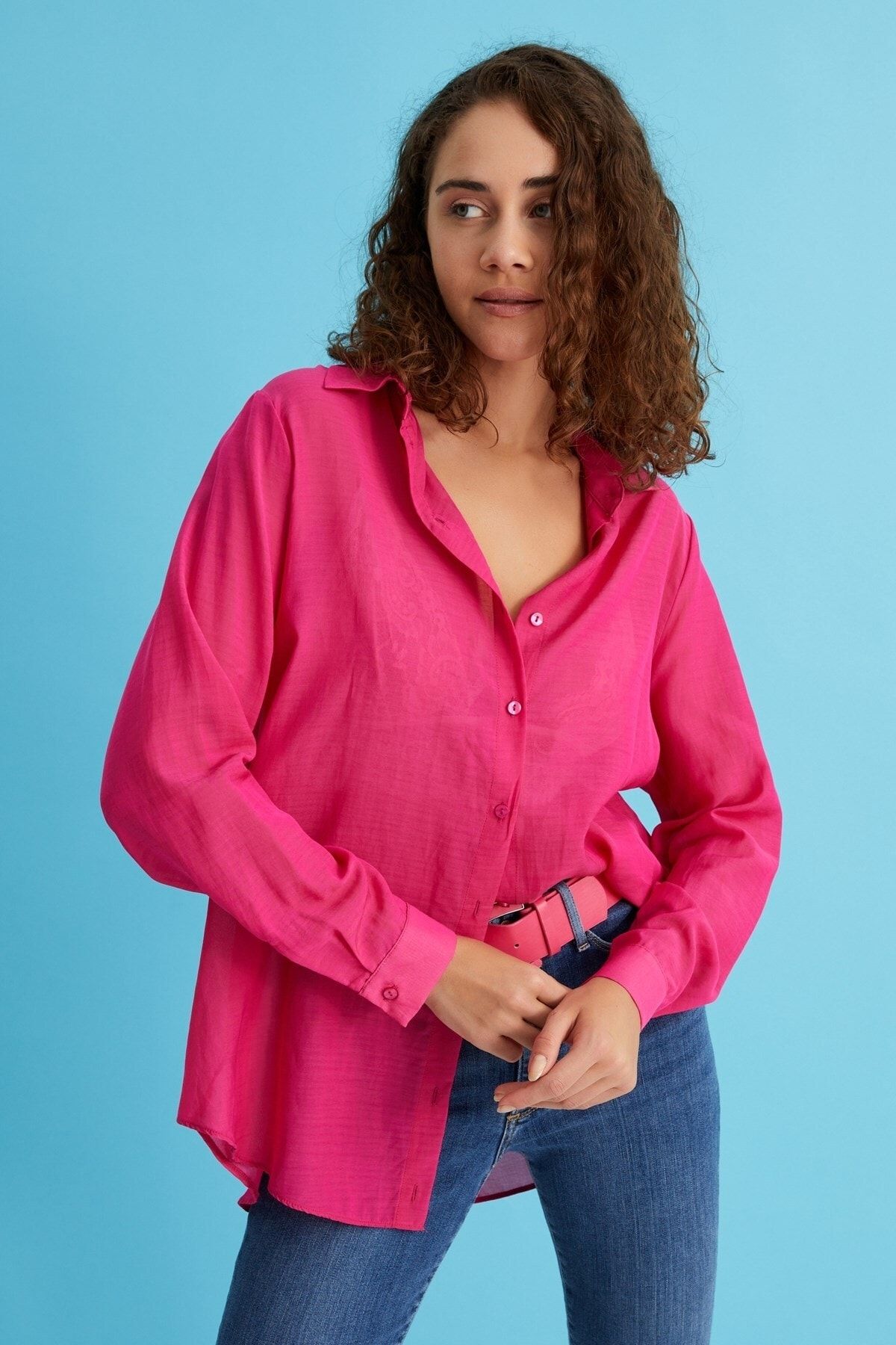 Curly Fuşya Oversıze Ince Gömlek SE6431