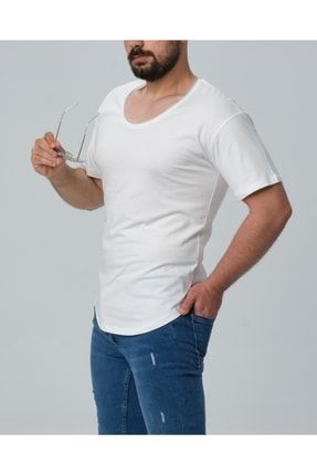 Beyaz Açık Yaka Geniş Yaka Kısa Kol Oval Kesim Regular T-shirt TH-3095