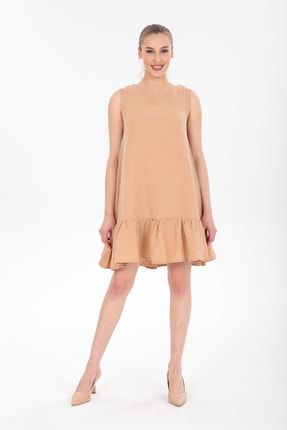 Bej Eteği Fırfırlı Mini Keten Elbise ONO-0086
