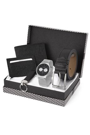 Erkek Set Kemer Cüzdan Kartlık Anahtarlık Kol Saati Siyah Set Gümüş Renk Saat PL-0621E