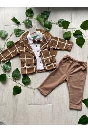 Ekoseli Ceket Gömlek Eşofman Pantolon Ve Çıkarılabilir Papyonlu 4lü Lüx Takım Elbise Min0101011