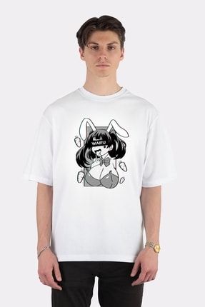 Unisex Beyaz Oversize T-shirt Ahegao Waifu Material Anime Bunny Cosplay (gıft For Otaku Gırl) AA1026