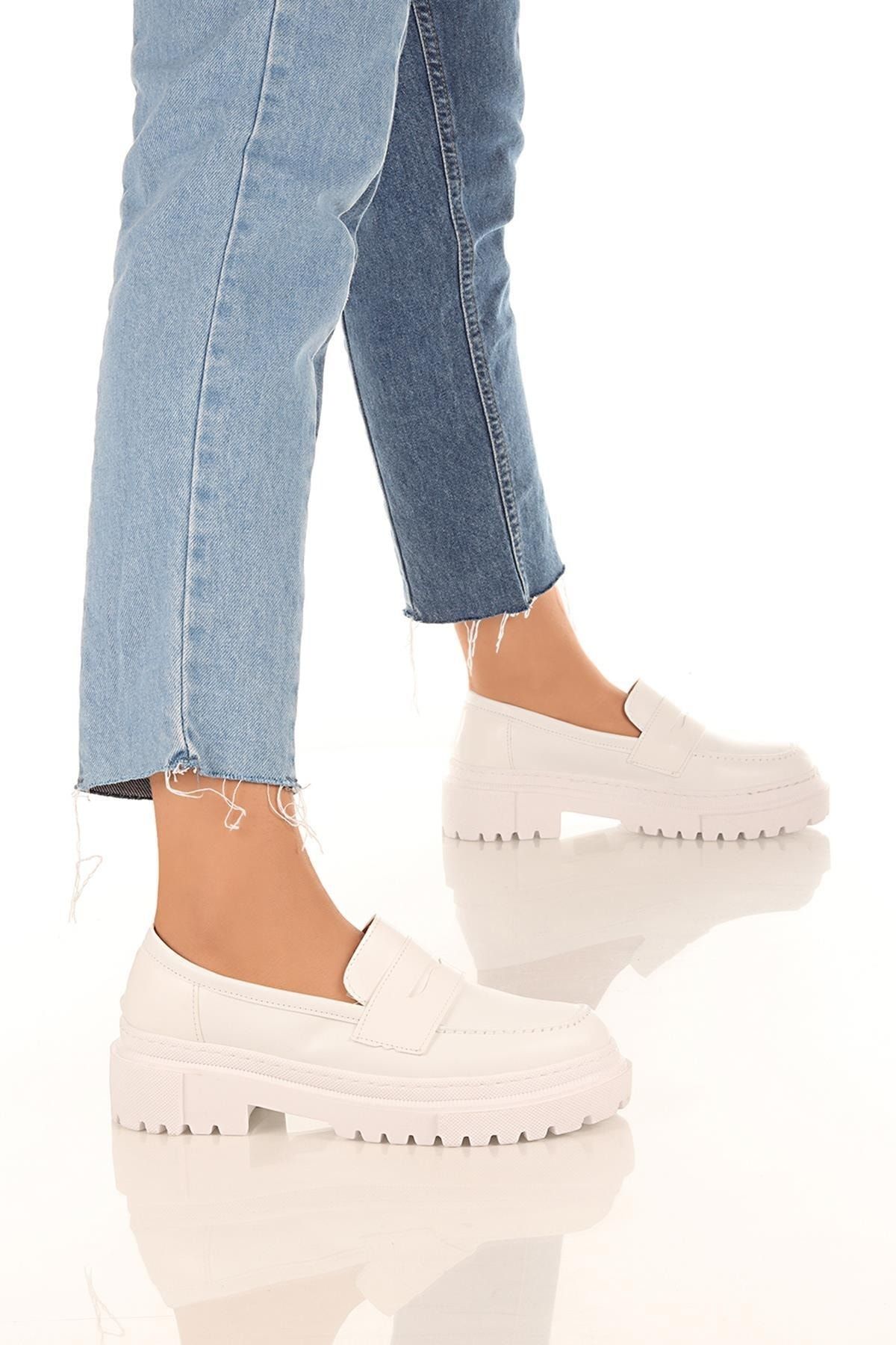 sobay shoes Kadın Loafer Yuvarlak Burun Maskülen Bağcıksız Yüksek Dolgu Taban Oxford Ayakkabı Soby11080001