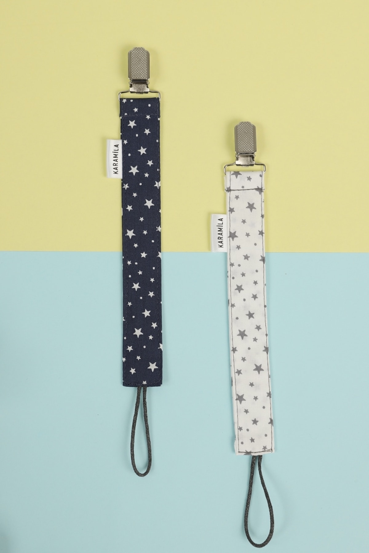 KARAMİLA %100 Pamuk 2'li Yıldız Desen Beyaz Lacivert Kumaş Emzik Askısı - Emzik Zinciri fotoğrafı 2 (önizleme)