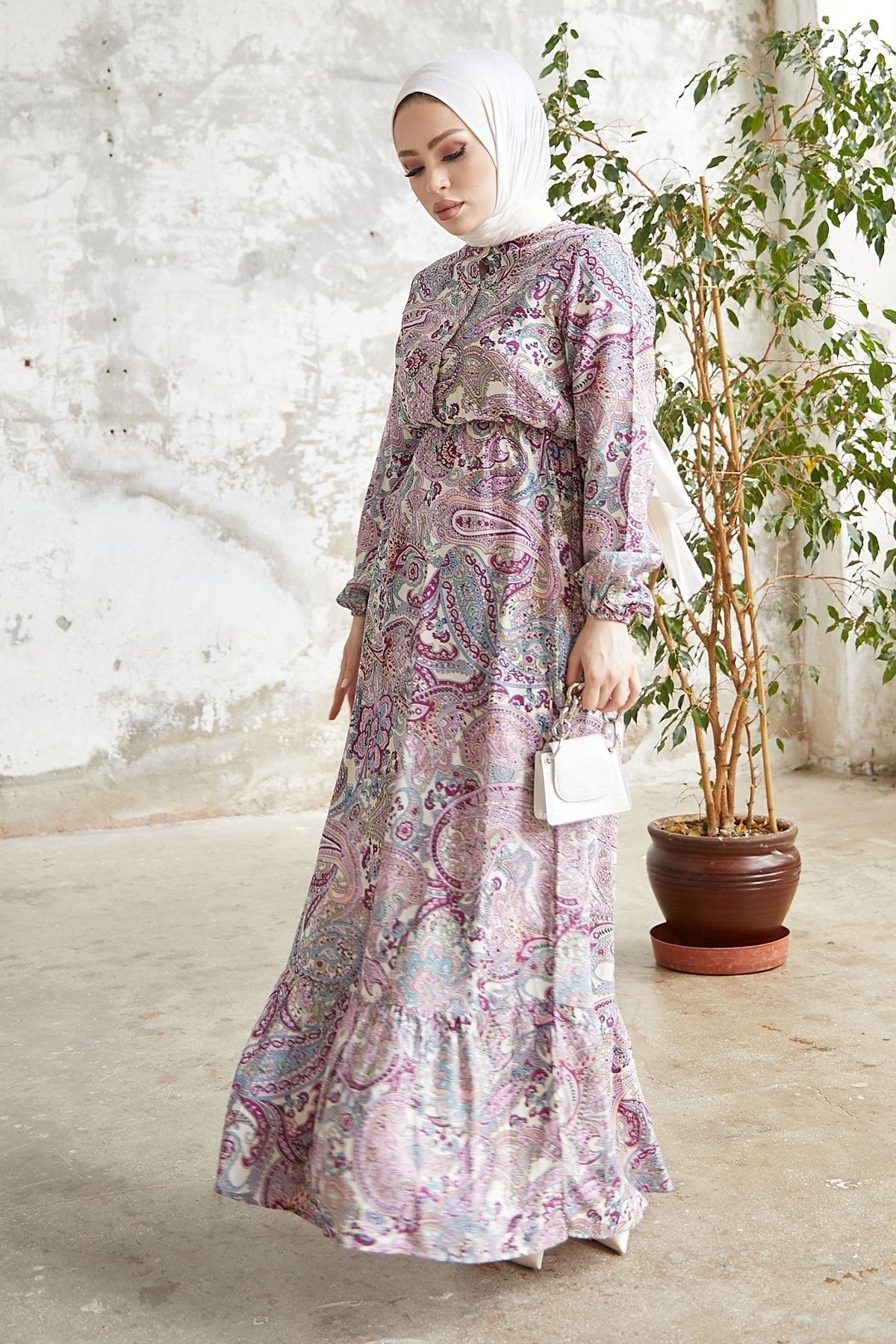 InStyle Mora Complex Floral Viscose Hijab Dress Lilac Trendyol