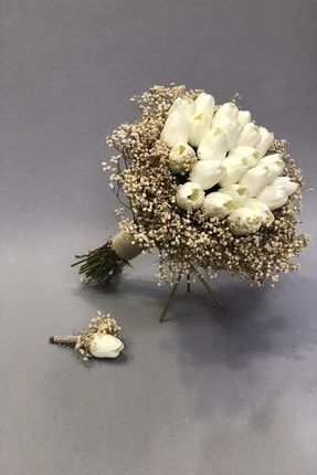 Islak Beyaz Laleli Cipsolu Gelin Buketi Ve Yaka Çiçeği CCKBN-99