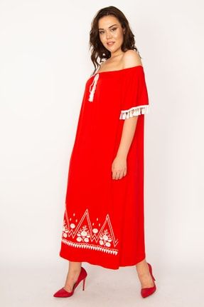 Kadın Kırmızı Karmen Yaka Nakış Ve Püskül Detaylı Uzun Elbise 65n33437 65N33437