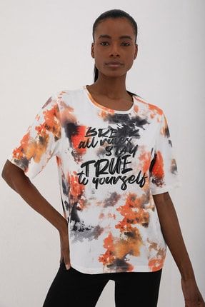 Turuncu Kadın Yazı Baskılı Batik Desenli Oversize O Yaka T-shirt - 97125 T10BY-97125