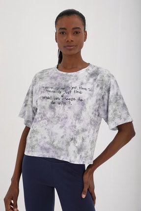Mor Kadın Yazı Baskılı Karışık Batik Desenli Oversize O Yaka T-shirt - 97129 T10BY-97129