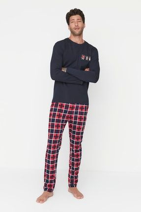 Lacivert Erkek %100 Pamuk Regular Fit Alt Ekose Örme Aile Kombini Pijama Takımı THMAW22PT0431