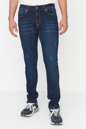 Erkek Lacivert Tırmık Destroylu Skinny Fit Jeans Kot Pantolon TMNAW23JE00035