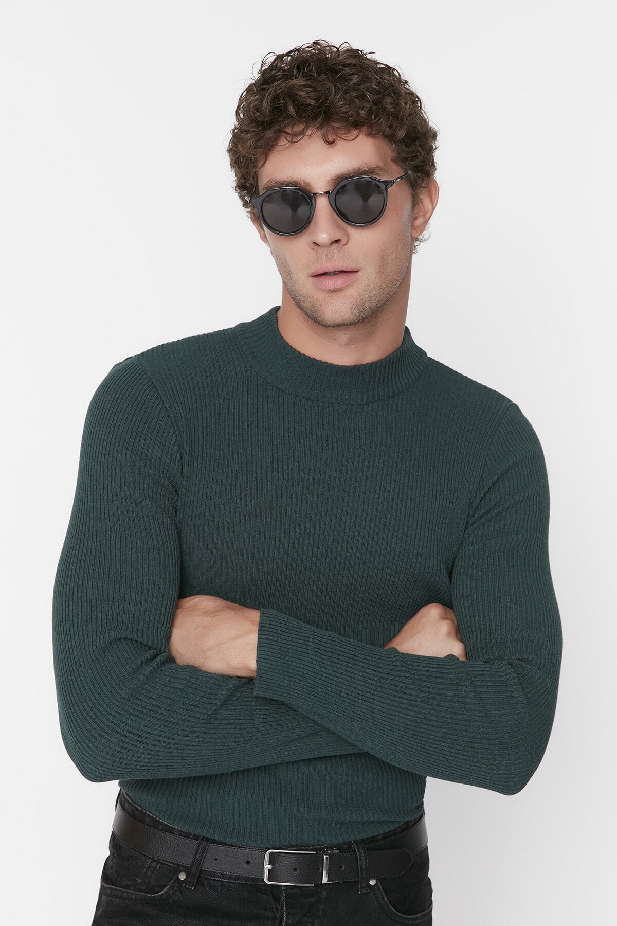 Trendyol Collection-Pulover din tricot cu nervuri verde smarald - bumbac, jumătate de gât, TMNAW21KZ0568 2