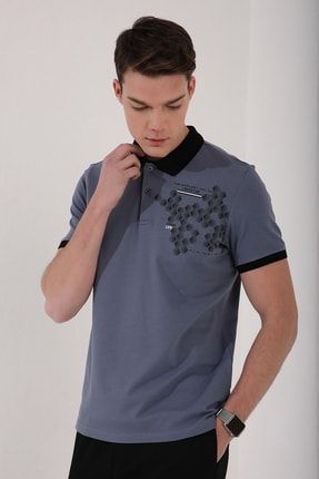 Petrol Erkek Petek Desen Baskılı Standart Kalıp Polo Yaka T-shirt - 87928 T10ER-87928