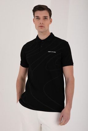 Siyah Erkek Dairesel Desen Baskılı Standart Kalıp Polo Yaka T-shirt - 87930 T10ER-87930