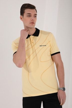 Sarı Erkek Dairesel Desen Baskılı Standart Kalıp Polo Yaka T-shirt - 87930 T10ER-87930