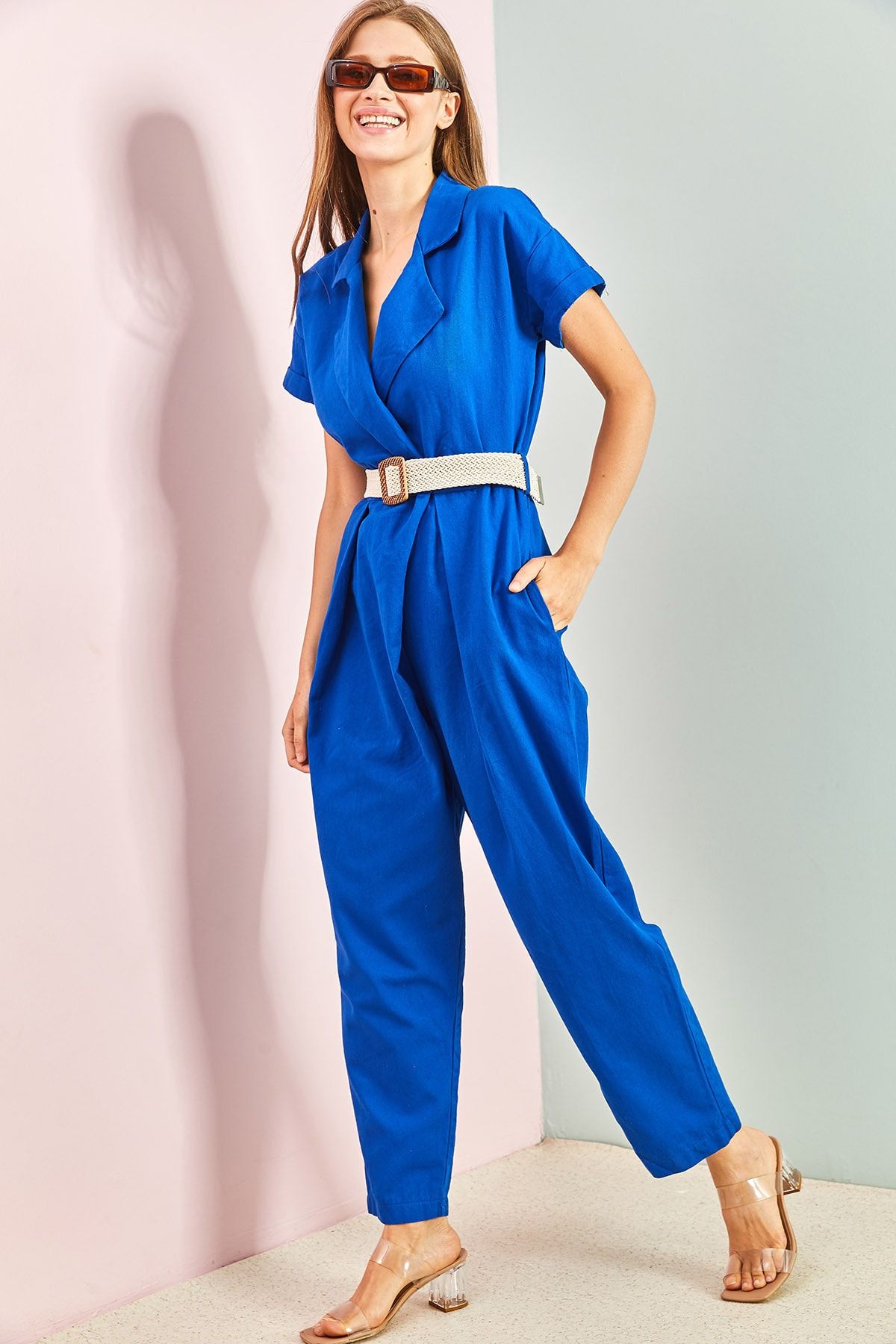 Bianco Lucci Women s Belted Thin Gabardine Jumpsuit 20162 Trendyol