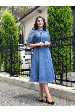 Kadın Indigo Mavi Güpür Dantel Kemerli Elbise ED1076