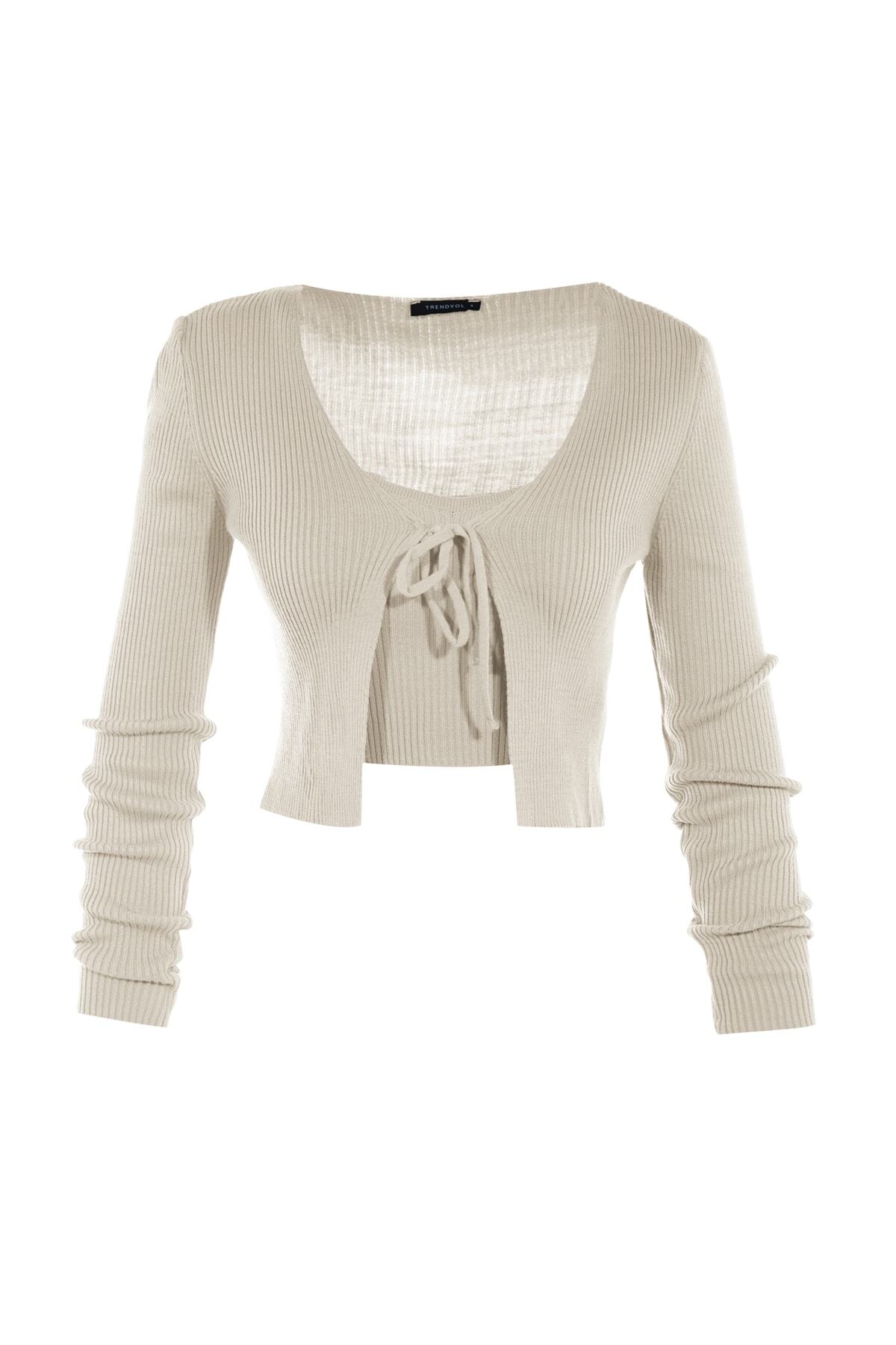 Trendyolmilla  Taş Crop Bağlama Detaylı Bluz-Hırka Triko Takım Triko Hırka TWOSS21HI0002 - Görsel 6