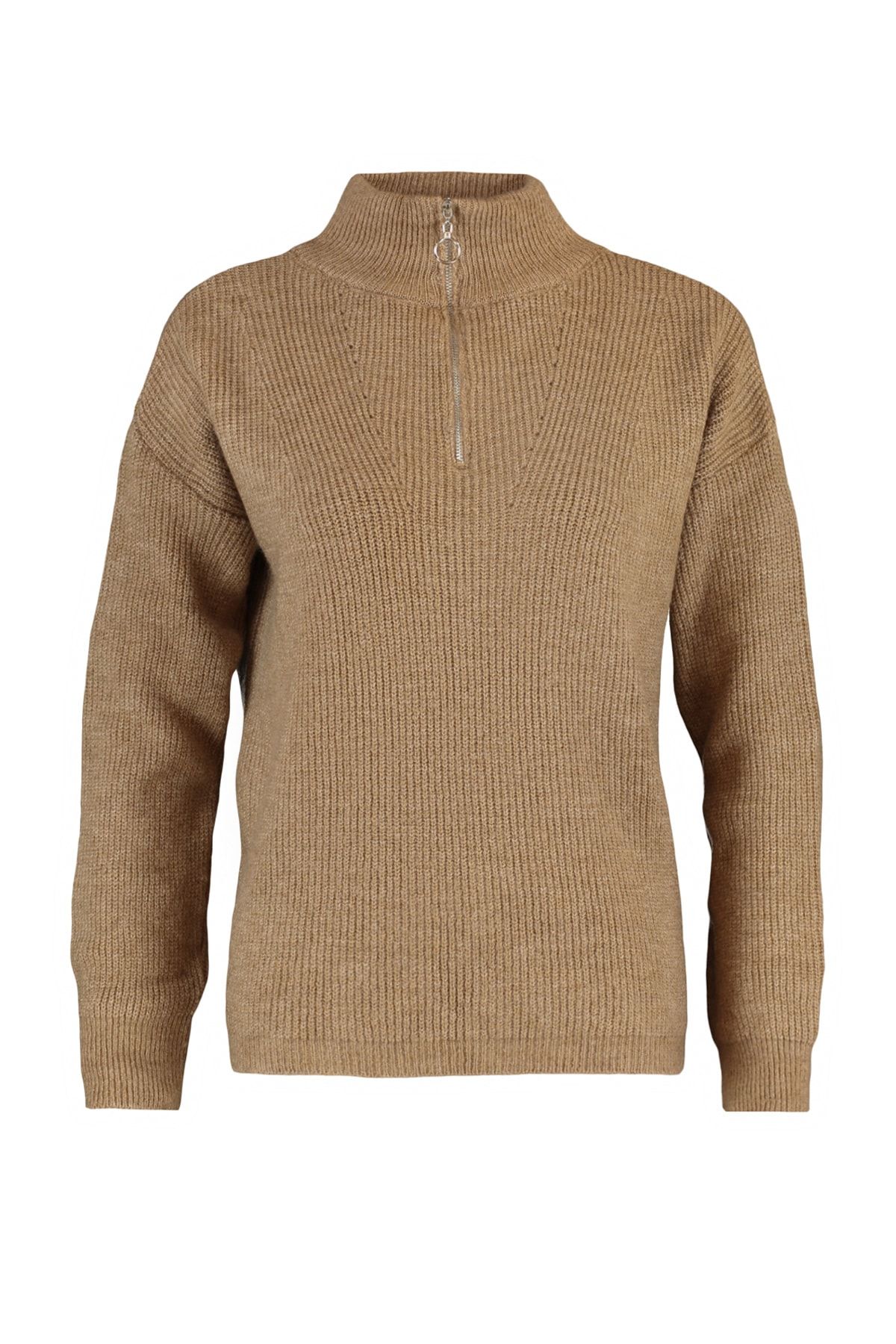 Trendyol Collection-Мек текстуриран трикотажен пуловер с цип и двойка Camel - Twoaw20Xs0009 9