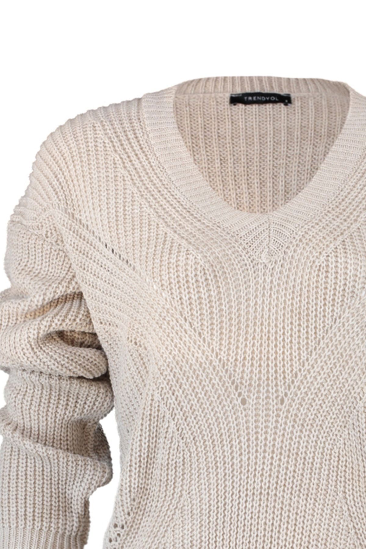 Trendyol Collection-Beigefarbener Strickpullover mit V-Ausschnitt – durchbrochen/lochig TWOAW21KZ0690 8