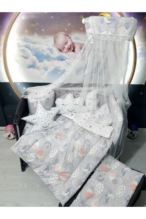 70x120 Bebek Uyku Seti Cibinlikli Bulut Desen Park Beşiklere Uyumlu 12 Parça (beşik Hariçtir) TAN10116