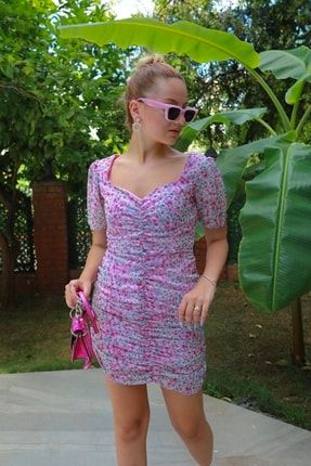 Pembe Çiçekli Drapeli Elbise TE-1003-EL1198