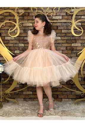 Kız Çocuk Somon Renk Pulpayetli Tül Etek Özel Gün Abiye Elbisesi MFPULPAYETTULLU07