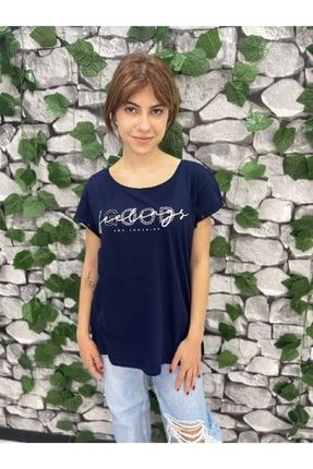 Kadın Lacivert Yuvarlak Yaka Baskı Ve Taş Detay Duble Kol T-shirt 21s-10022Tshirt