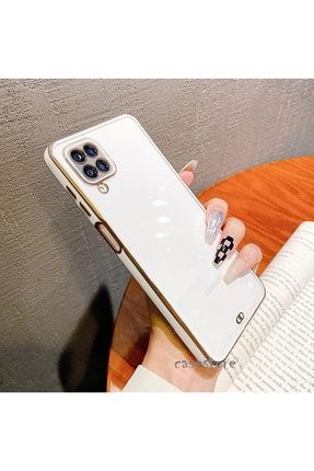 Samsung Galaxy A12 Uyumlu Kılıf Kamera Korumalı Parlak Gold Şerit Kenarlı Arka Şeffaf Silikon 2022-Voit-02