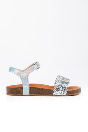 Kız Çocuk Mantar Tabanlı Gümüş Deri Sandalet Palma